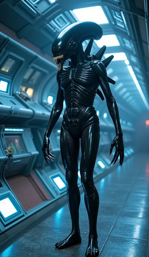 Персонаж Free Fire 'киберпанк', Beautiful, horror background xenomorph movie image "stranger" (1979) in maximum quality and as close to the original film as possible. The xenomorph should be depicted in a dark, gloomy atmosphere, Maybe, In a spaceship. Turn on the details, such as biomechanical elements, slime and shadows, to emphasize the terrifying atmosphere. Use a color palette, characteristic of the film, with a predominance of black, gray and dark blue. Pay attention to textures and lighting, to create a sense of realism and tension.