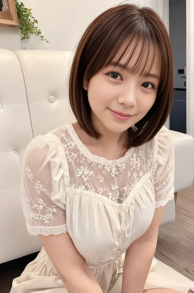 (8k, top quality, masterpiece: 1.2), (realistic, photorealistic: 1.37), super detailed, girl 1 person, cute, alone, beautiful detailed sky, (((saizeriya)), family restaurant, sitting, (smile: 1.15),beautiful fine, (shirt with collar: 1.1),business wear,white lace,(short hair:1.2),floating hair, Milanese Doria and pizza on the table