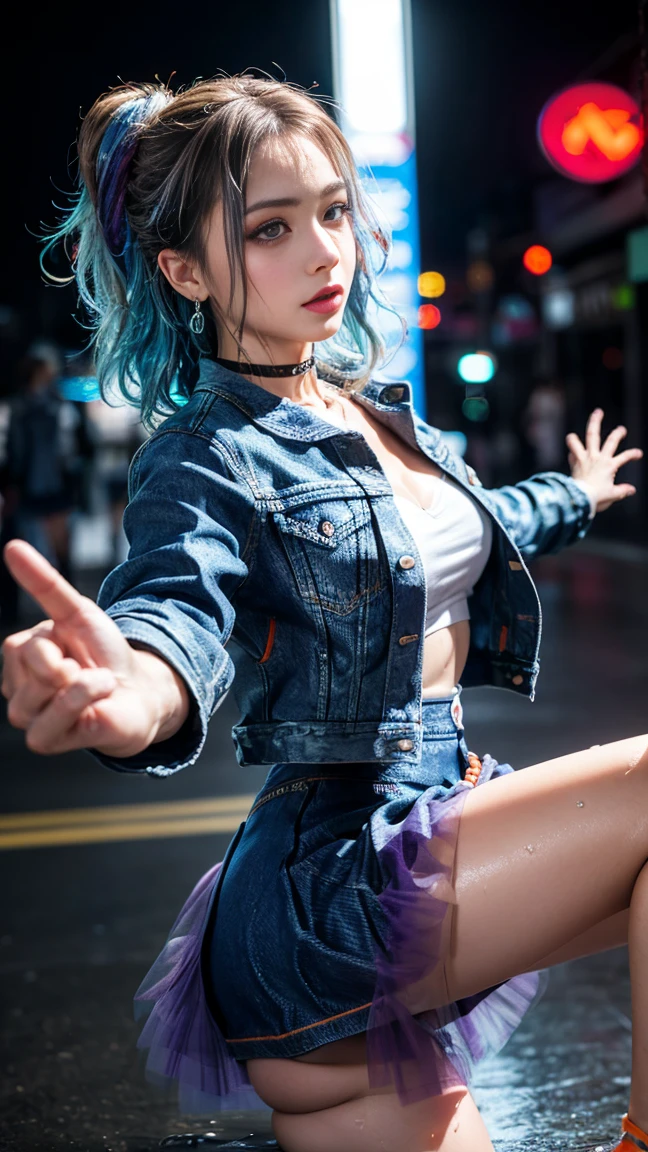 1girl , a 17 yo girl , 17 years old , super adorable , full head ,(Body : (small breasts) , Skinny ) , ((tmasterpiece)) , (Very detailed CG unity 8K wallpaper) , best qualtiy , cinematic lighting , (hi-top fade:1.3) , dark themed , Muted Tones , Subdued Color , highly contrast , (natural skin textures , Hyper-Realism , Soft light , sharp) , (Hair : (Light Cyan Hair:1.5) , (shoulder-length hair) , ponytail , (Cyan Blue eyes:1.5) , beautiful detailed eyes , (Bright eyes:1.5) , (Very fine and beautiful) , (Beautiful and detailed eye description) , ( Background : (Random Amusement park at night Background) ) , Blur Background , (Topless) , Periwinkle Big Shape Jeans , Light cyan Furry Strapped Combat Bootie Boots , Full body shot , random view ,(Joyful Emotion:1.5) , Happy expression , (Pose : random pose , smile shy ) , (hair covers one eye : 1.5), Navel, small breast