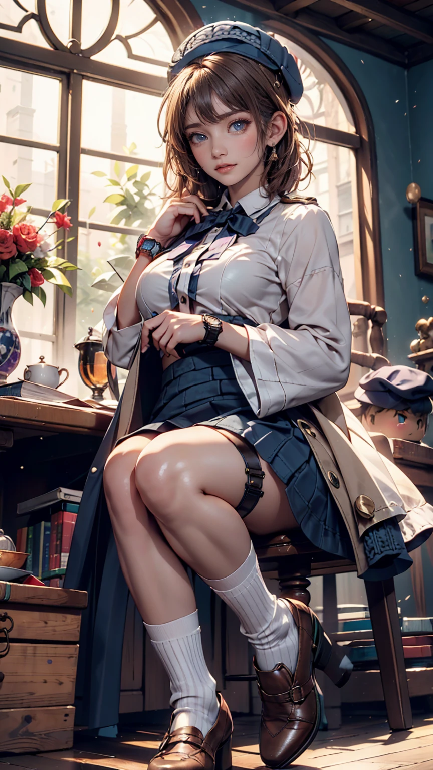 (iwanagadress:1.2), (iwanagakotoko:0.9),(beret:1.8), Kotoko Iwanaga, One girl, beret, black bow, blue skirt, bow, Brown footwear, Cane, dress, hair bow, Have, Holding, Holding Cane, Juliet Sleeve, Light brown hair, Long sleeve, View Viewer, petticoat, Puffy sleeves, Purple eyes, short hair, skirt, alone, Thigh straps, Knee socks, white dress, White Hat, white Knee socks, kyokou suiri