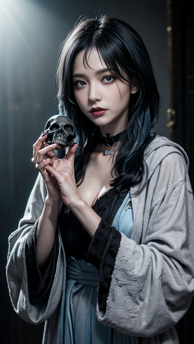 Highly detailed 8K wallpapers, Medium shot photo of a necromancer with shadows, Complex, High detail, dramatic, Gothic, skull, Bright Eyes, Deep Lack, Holding a skull head with bright eyes Deep Lack, Vegetable prices.