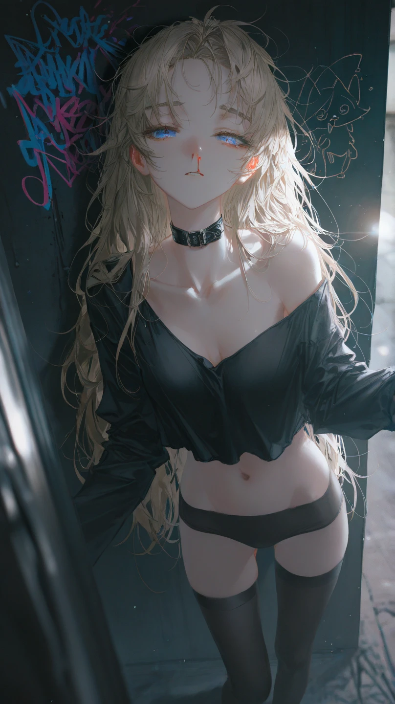 Realistic, High resolution, Soft Light,1 female, alone, Hip Up, (Detailed face), Blonde Hair, (Neat bangs:1.4), Purple eyes, ((No bra)), ((Black trousers)), ((Torn clothing:1.5)), ((Firm B cup breasts)), ((Standing posture)), ((Small and beautiful pink areola)), ((Voluptuous body)), ((Yawn with eyes closed)), ((Expression of pain)), ((Both arms are tied behind the head)), ((Spread your legs)),