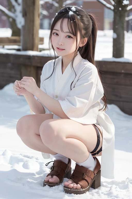 (Best quality, 8k, 32k, Masterpiece, UHD:1.2),Photo of Pretty Japanese woman, 1girl, (medium light brown twin bun), double eyelid, natural mideum breasts, slender legs,(Slender body),large hip, tall body, knit sweater, checkered skirt, snow heeled boot, standing on stairs on shrine, snowy shrine, heavy snow on shrine, fashion model posing, unforgettable beauty, look at viewer, sexy smile, closed to up, lifelike rendering, detailed facial features, detailed real skin texture, detailed details, visible panty,camel toe,((sexy panty)), No Bra, (Hard Nipples Through Shirt),