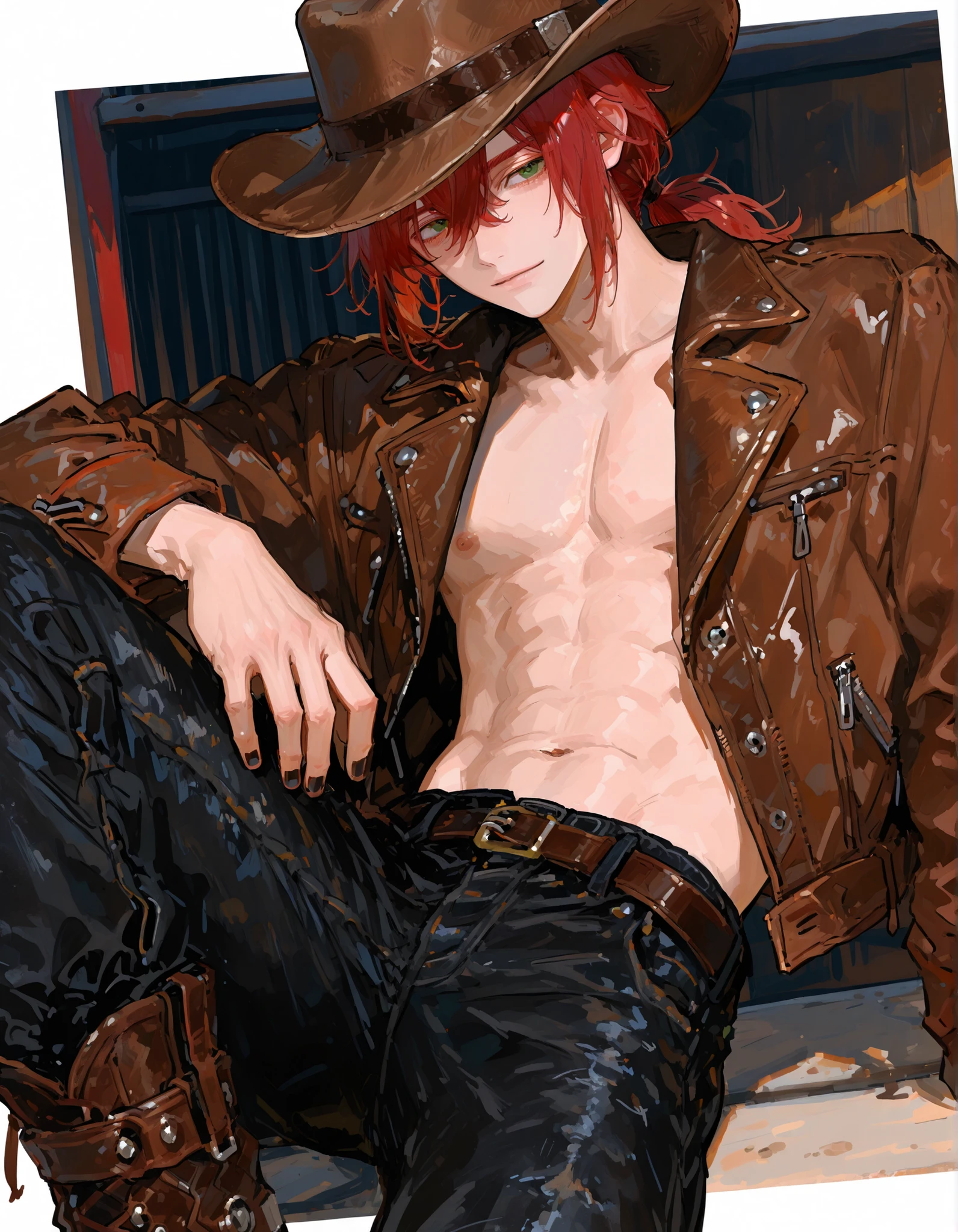 1boy, adult, red hair, low ponytail, green eyes, cowboy hat, brown leather jacket, short jacket, opened jacket, shirtless, black jeans, boots, black short nails,