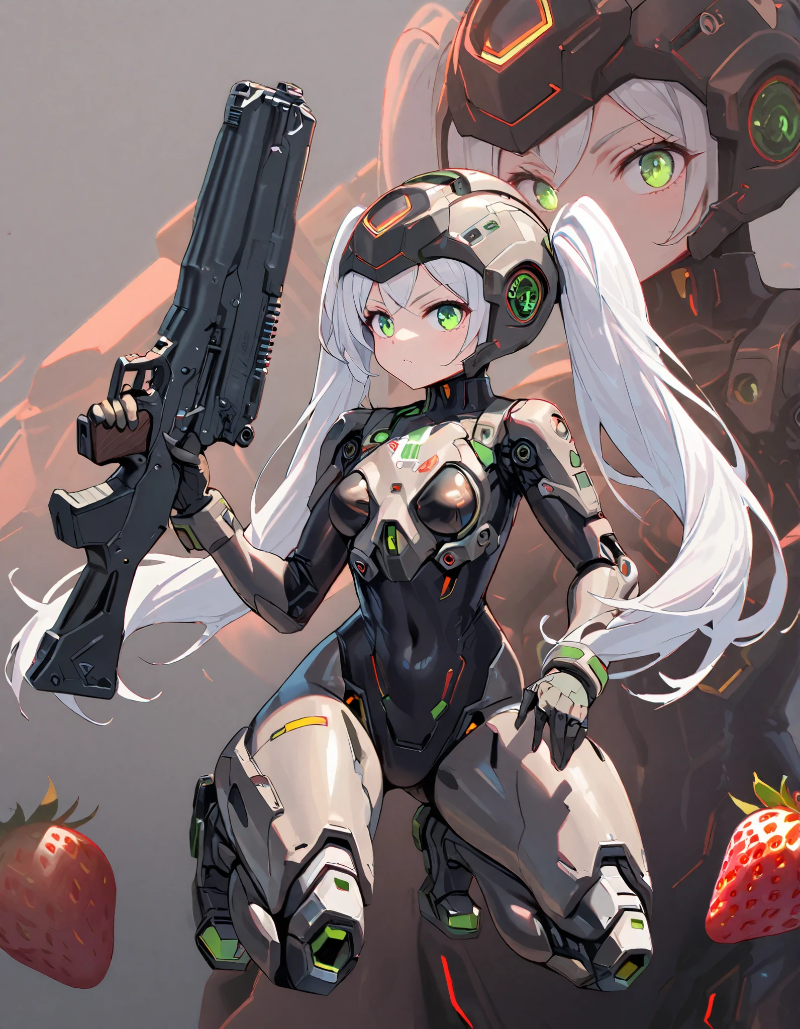 top quality, Absard Dress, 1 girl, solo, Nikkei Profile Growth, full body, zoom layer, holding a weapon, gun, One knee, Freezing Frieren, Warface , ((green eyes, futuristic glow eyes , Well-formed eyes)), Black Students Obsessed with Every Detail , twin tails, white hair, Highly Detailed Faces, ((mechanical bodysuit, cyber helmet)), (full body, combat ready with strawberries), The perfect gun, Detailed guns, gun, cyborg, joint, body covered, Robot legs, (cinematic lighting), ( Simple grey background)