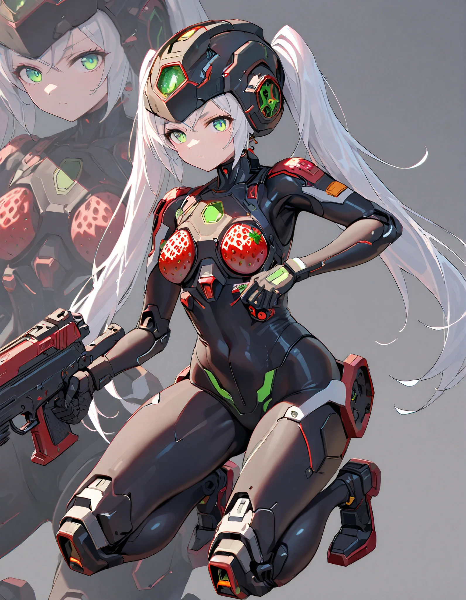 top quality, Absard Dress, 1 girl, solo, Nikkei Profile Growth, full body, zoom layer, holding a weapon, gun, One knee, Freezing Frieren, Warface , ((green eyes, futuristic glow eyes , Well-formed eyes)), Black Students Obsessed with Every Detail , twin tails, white hair, Highly Detailed Faces, ((mechanical bodysuit, cyber helmet)), (full body, combat ready with strawberries), The perfect gun, Detailed guns, gun, cyborg, joint, body covered, Robot legs, (cinematic lighting), ( Simple grey background)