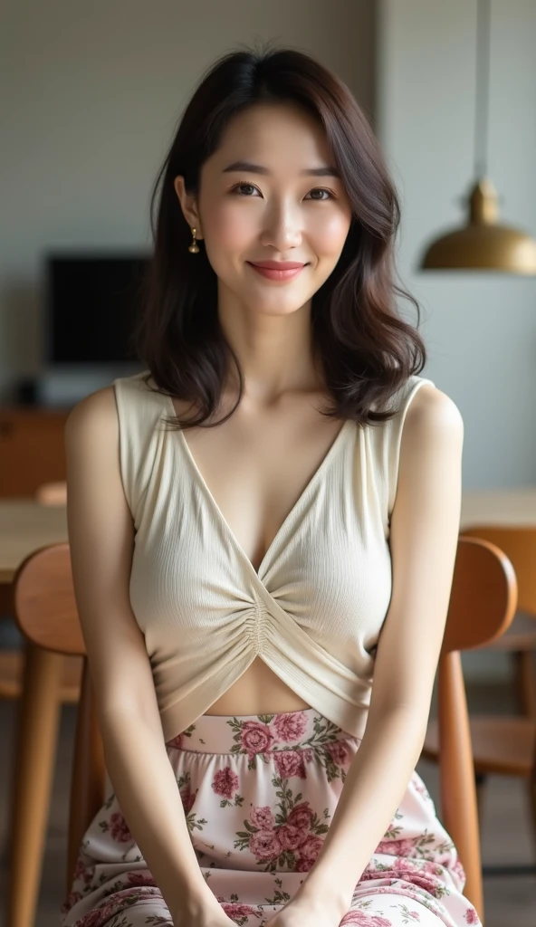 best quality,masterpiece,ultra high res,(photo realistic:1.4),beautiful lighting, (extremely detailed CG unity 8k wallpaper), detailed beautiful face,detailed clothes, 50mm portrait photography, 1girls,big brown eyes, cute, young, posing, professional lighting, physically-based rendering,depth of field , black hair, mole under eye,selfie, gem,married wife, middle breaths, (smile), ((angle from upper)),camisole, dress, beach, empty cans, bottles, beer, window, (white box pleated skirt),refrigerator,, starwars,