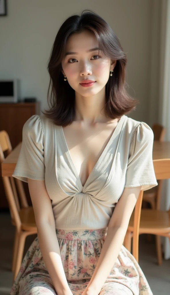 a beautiful elegant girl, extremely detailed, extremely detailed face, 1 girl, incredibly beautiful, thigh highs, skirt, frills, korean, short brown hair, (best quality,4k,8k,highres,masterpiece:1.2),ultra-detailed,(realistic,photorealistic,photo-realistic:1.37),intricate details, beautiful eyes, beautiful lips, delicate features, serene expression, natural lighting, warm color tones, oil painting, cinematic,dreamlike,ethereal