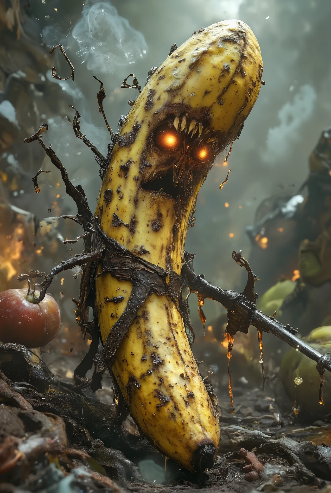 {{A ((hyper-detailed)) depiction of {((fruit soldiers clashing in a war-torn battlefield))}}} with {((banana snipers, apple tanks, and cherry bombers flying overhead))}. This is a {((post-apocalyptic fantasy))}-inspired image that showcases {((a surreal war among anthropomorphic fruits using weaponized produce))}. The environment/background should be {((a foggy battlefield of smashed produce, splattered juice, and fire-lit sky))} to create an {((epic and destructive))} atmosphere. The image should be in the style of a {((comic book cover))}, incorporating elements of {((Frank Miller, Marvel’s What If…?, and Borderlands))}. The {((long shot))} shot, captured with a {((135mm+ telephoto))} lens, will provide a {((cinematic overview of the battlefield))}. The lighting should be {((moody and dramatic with orange embers))}, emphasizing {((battle silhouettes and smoky depth))}. The desired level of detail is {((maximum))} with a {((8K))} resolution, highlighting {((juice trails, armor textures, and surreal fruit weaponry))}. The goal is to create a {((theatrical, action-packed))} image that captivates viewers with its {((dramatic fruit warfare and intense narrative potential))}.