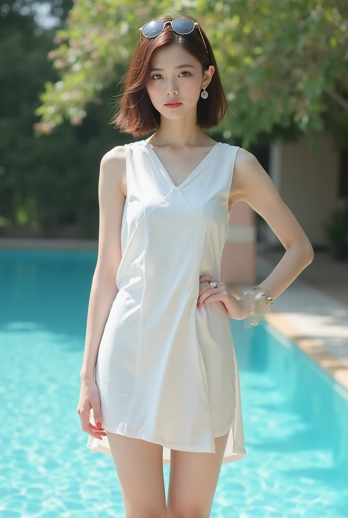 masterpiece、Top image quality:1.2、((beautiful young woman with))、Transparent skin:1.2、{A slight smil}、(kawaii)、Transparent short sleeve knit:1.2、luxury hotel、depth of fields、Sharp Focus:1.5、Fine details