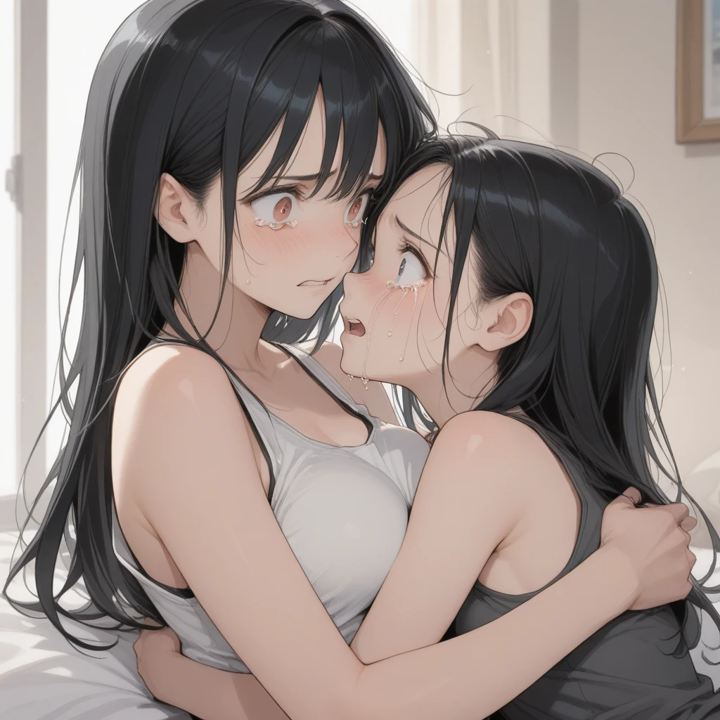 ultra-detailliert, Best Quality, High resolution, ((Two cute s with big faces and black hair.))、Pretty eyes、Detailed eye depiction、Eye sparkle、Sareme、Looking at Viewer, pale skin、(((Petite))), (nude)、(flat chest), (big glasses), (blush:1.2), (big eye:1.5), Shy smile, NSFW, the beach, Focus on the face, Long hair, The upper part of the body、from side