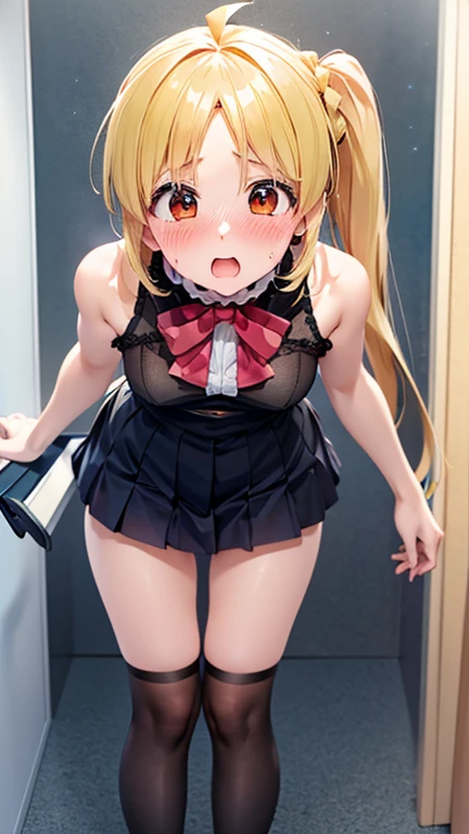 Bully student girl approaches me with a perverse face as I am a nerd, wearing short skirt, blonde hair, blue eyes, small firm breasts, long sexy legs, bad girl. very tall girl, bully, anger face, perspective from bellow the girl