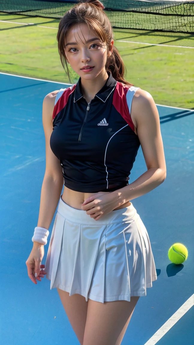 24 year old Japanese woman、Black Hair、Iris、Sexy proportions、Cleavage Emphasis、Professional tennis player、Sun visor、ponytail、Holding a tennis racket、Put the wristband on your wrist、Micro Mini Skirt、