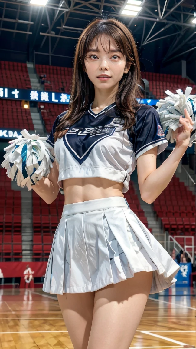 ((Best Quality, 8K, masutepiece:1.3, 1 girl, Beautiful Girl)), Cute, Dynamism, Detailed face, Detailed skin, Detailed eyes, Detailed lips, Detailed fingers, Round eyes, Tear bag, Photorealistic, Raw photo, Natural light, highres, Perfect Anatomy, toned legs, toned abdomen, detailed clothes, (sweaty, splash water), cheerleader, latex cheerleader uniform, skirt, sleeveless, blue hair, stadium, bangs, short hair, choker, blush, night, crowds, big breasts, energetic, logo, text, leg up, dancing, cum on breasts, close up, shape of nipple, spreading legs, smile