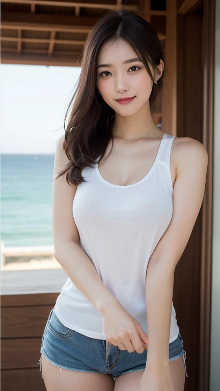 innocent 20 year old girl、((white tank top,jeans, Smile and open your mouth slightly)),smile,shortcut,(natural Park、outdoor、), Raw photo, (8K、highest quality、masterpiece:1.2)、(intricate details:1.4)、(Photoreal:1.4)、octane rendering、Ultra-detailed complex 3D renderings, soft light in the studio, rim light, vivid details, super detail, realistic skin texture, Surface details, Beautiful eyes in every detail, Highly detailed CG Unity 16k wallpaper, compensate, (detailed background:1.2), shiny skin, full body、cleavage,((standing with hands clasped behind the back、leaning forward、Angle from above))
