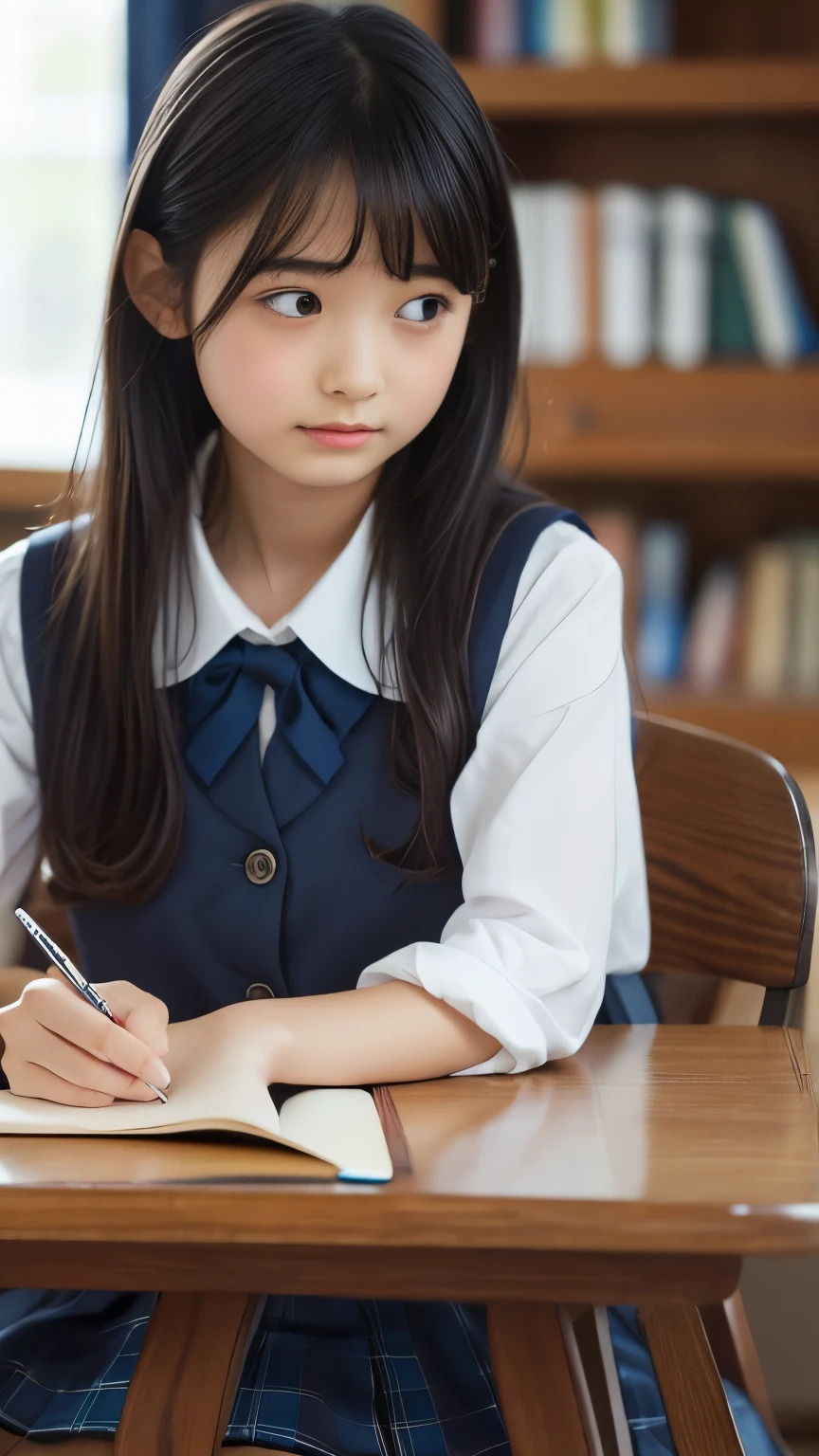 Imagine a charming illustration in the style of Loundraw, Depicts a beautiful schoolgirl. She is wearing a classic school uniform, With a fitted skirt and a perfectly lined shirt. Her long black hair, With soft bangs, Falling gracefully over her shoulders. The girl is depicted in a school setting, A calm and serene environment, Illuminated with soft, neutral light. Scenery details, School desks and chairs etc, Blackboard and books, Carefully expressed to create an authentic atmosphere. The girl's facial expression is calm and focused, Reveals her determination in her studies. The illustration conveys a sense of serenity and concentration, Capturing the subtle beauty of a school routine in a delicate and emotive artistic composition.