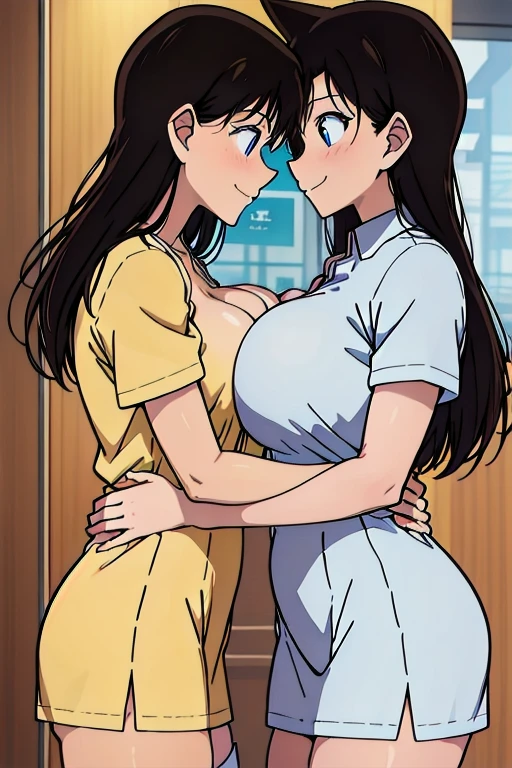 1 girl, nurse, nurse cap, white clothes, ((white knee highs)), blue eyes, smile, Are standing, ((living)), sharp outline, short sleeve, highest quality, masterpiece、exposed、,big breasts、Button flies、(show cleavage)、big breastsを持ち上げる、diagonally from the side、slouch,face to breasts、7hug my old son、hug、Tolerant、put your face in the cleavage。