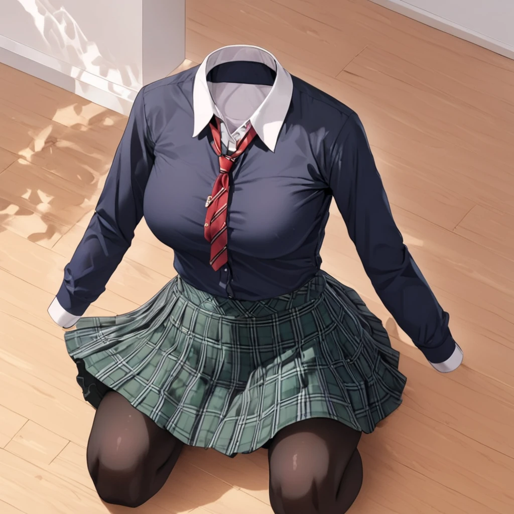 (invisible:1.5, no humans:1.5, headless:1.5, faceless:1.5), (plaid skirt, school uniforms, raised shirt, black pantyhose, squatting:1.2), (big breast), (best quality, masterpiece:1.2), detailed cloth texture, detailed anime, super fine illustration