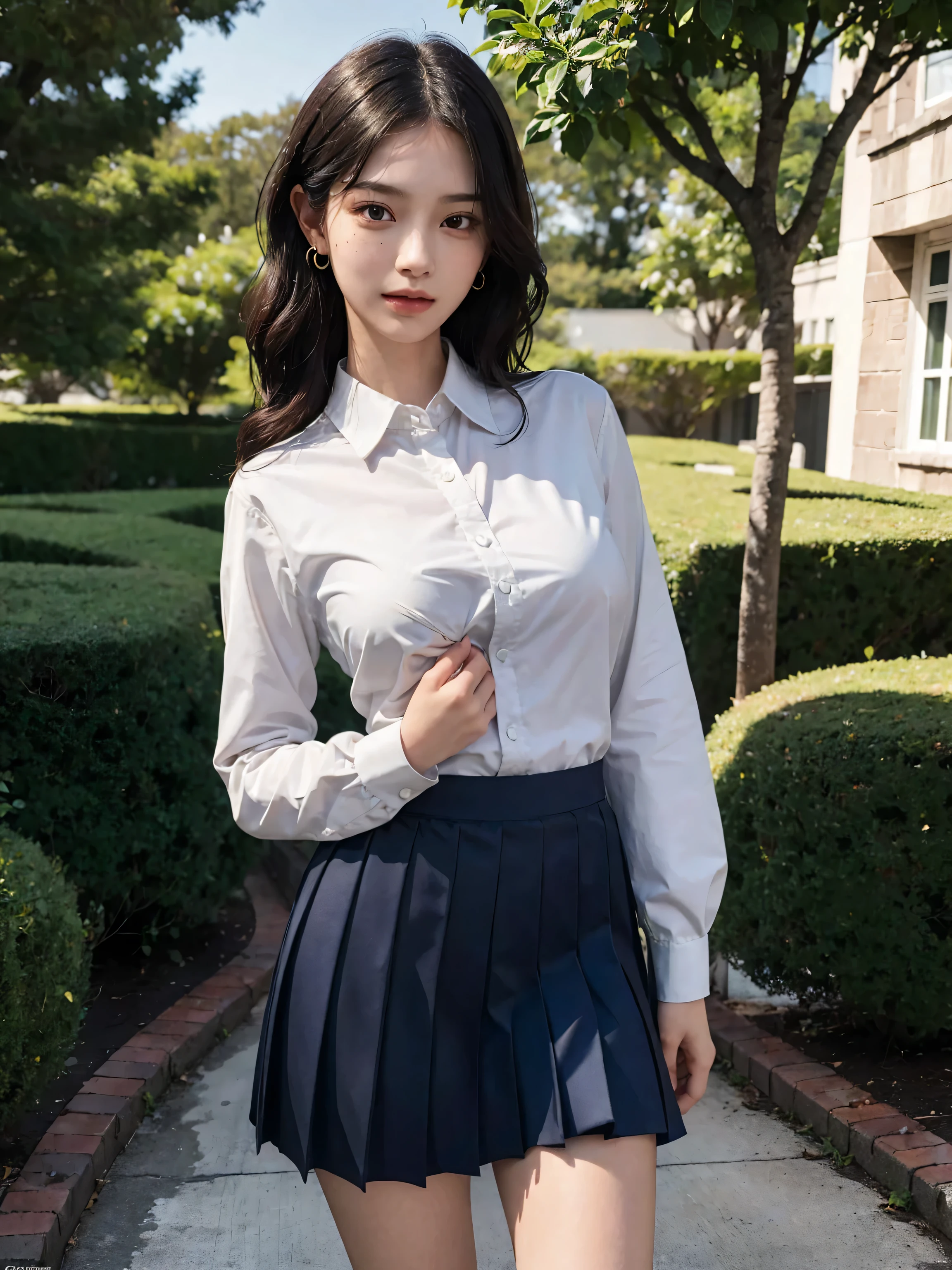 (a cute girl with short bob hair or ponytail, wearing a university student uniform, relaxing in an outdoor cafe, hands on hip, wearing fishnet tights and loafers, with white shirt and a pleated skirt, kind smile, beautiful detailed eyes, beautiful detailed face, long eyelashes, beautiful detailed lips, dimpled cheeks, ample bosom, masterpiece, photo-realistic, ultra-detailed, 8k, high resolution portrait illustration, natural colors, bokeh night background, SFW, )