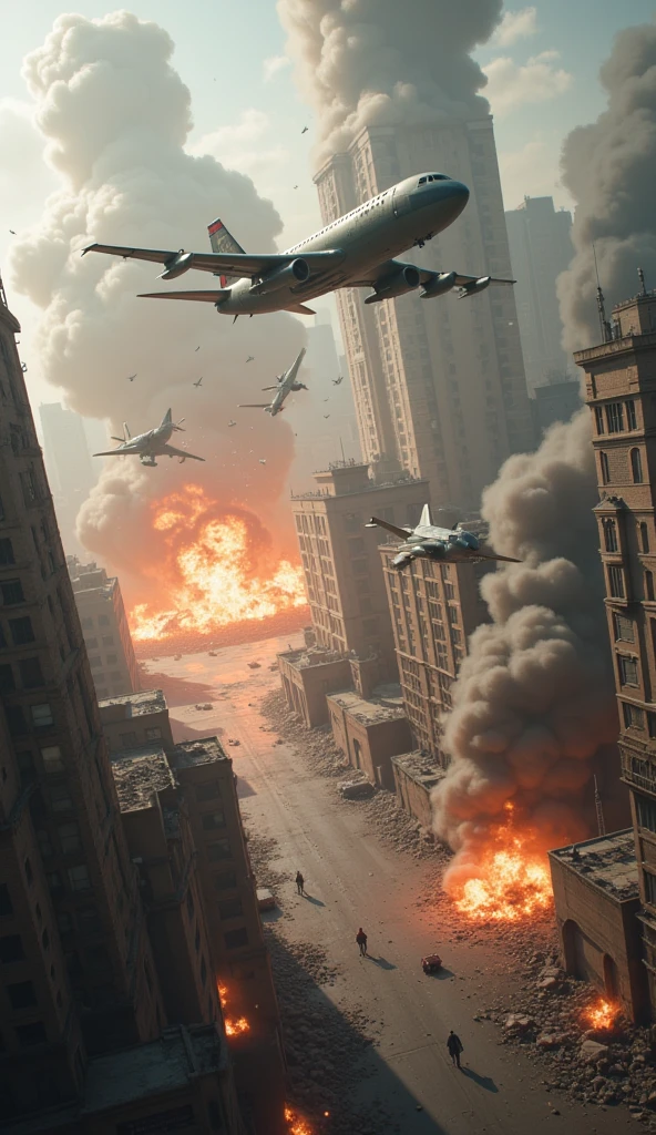 airplanes flying over a city with a lot of fire and smoke, epic cinematic matte painting, dieselpunk volgograd, game ui, panavision millennium dxl 2, mcu photograph, comic panel, game overlay, full metal overlay, movie picture, inspired by Hiroyuki Tajima --auto --s2