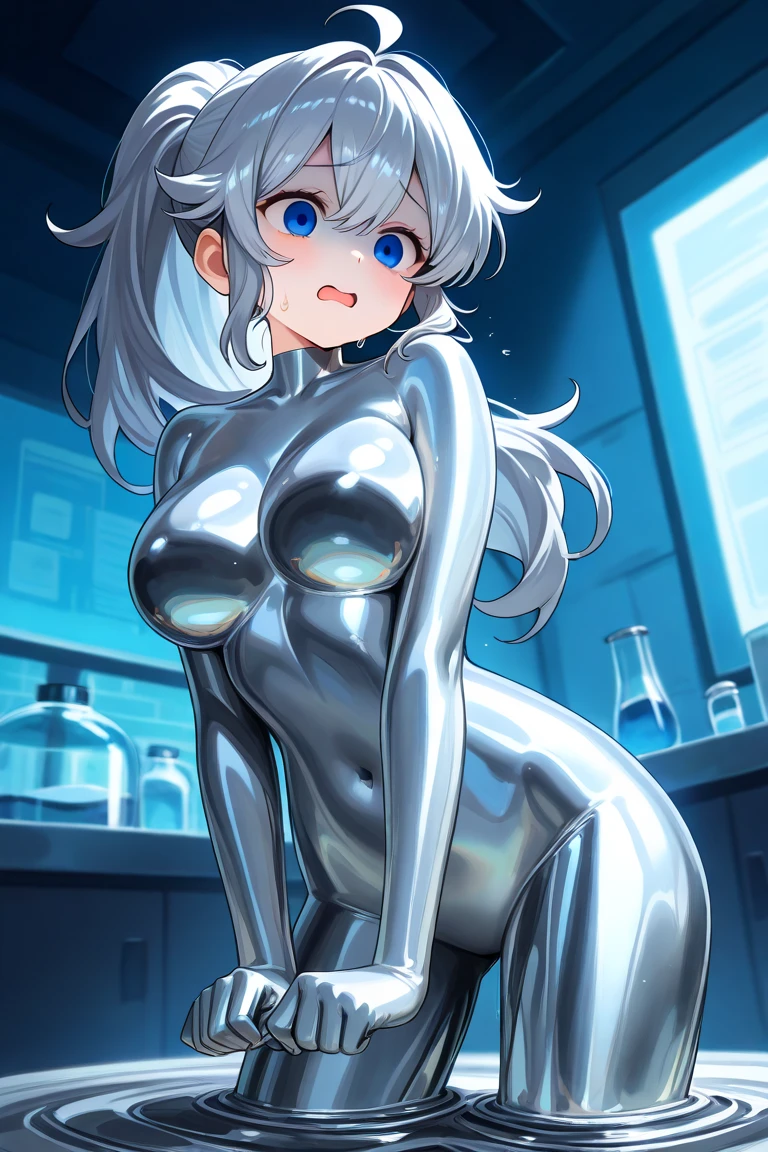 Short silver hair woman, leaning forwards, big breast, wet pussy, lewd face, opening mouth smiling and sticking out tongue, looking up, blushes cheeks, Shiny silver latex slider bodysuit with hidden skin, Shiny silver latex gloves, Shiny silver latex leggings, small Shiny silver latex slime tentacles on edge of chin, Shiny sliver slime dripping.