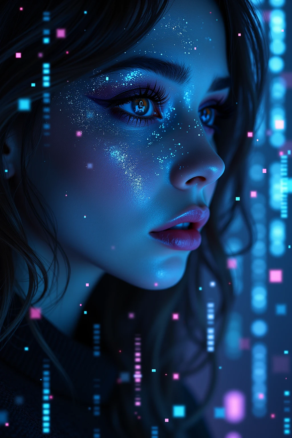 Close-up of woman&#39;s face, bright green holographic equations projected onto the skin. intense look, realistic features. dark background, cyberpunk aesthetic. Luminous mathematical formulas, handwritten style. Futuristic, high-tech atmosphere. photorealistic rendering, dramatic lighting, sharp contrast