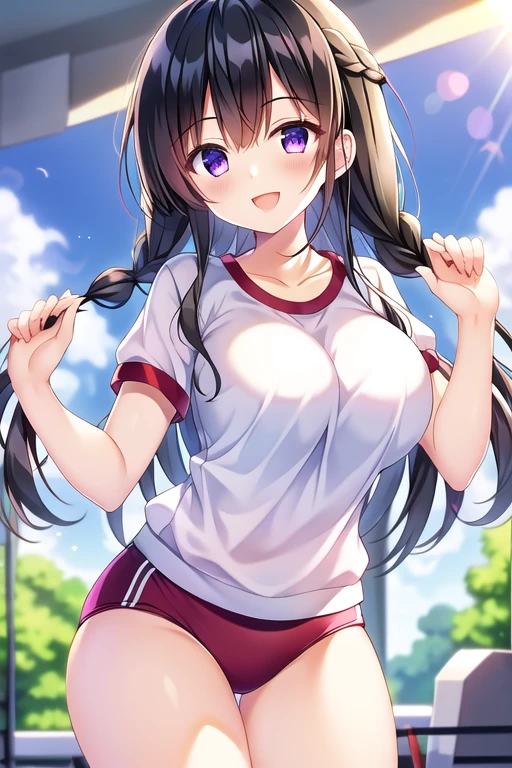 masterpiece, best quality,
1girl, solo,
<lora:chara_Kaguya-samaWaKokurasetai_IinoMiko_v1:0.9> iino miko, (brown eyes:1.2), tsurime, brown hair, long hair, hair over shoulder, twintails, low twintails, blunt bangs,
large breasts,
gym uniform, white shirt, buruma, blue buruma,
outdoors, blue sky,
, looking at viewer, looking back, cowboy shot,
blush, surprised, :o, open mouth,
arms up, armpits,