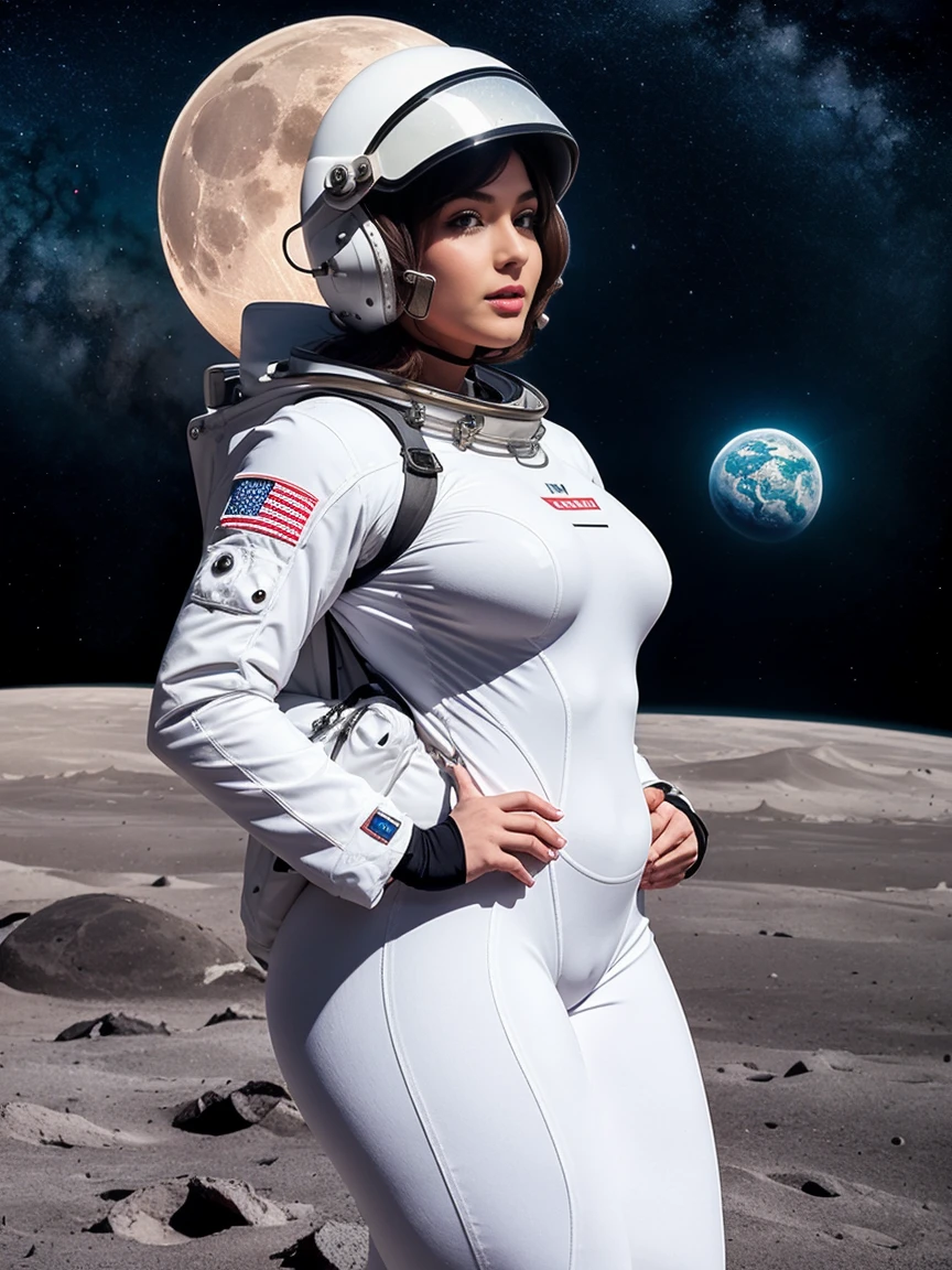 A woman in a white suit with red gloves, Astronaut Girl, Armored Astronaut Girl,  Smooth Art, Wearing a space suit, 8K,、((smile))、(((Open Stance)))、Background Outer Space、