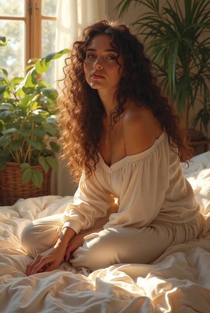 (photorealism:1.2), beautiful woman, sitting on bed, wearing loose off-shoulder top, pajama pants, long curly hair, indoors, soft lighting, plants in background, window with sunlight, cozy room, relaxed pose, realistic, intricate details, warm colors, by Greg Rutkowski