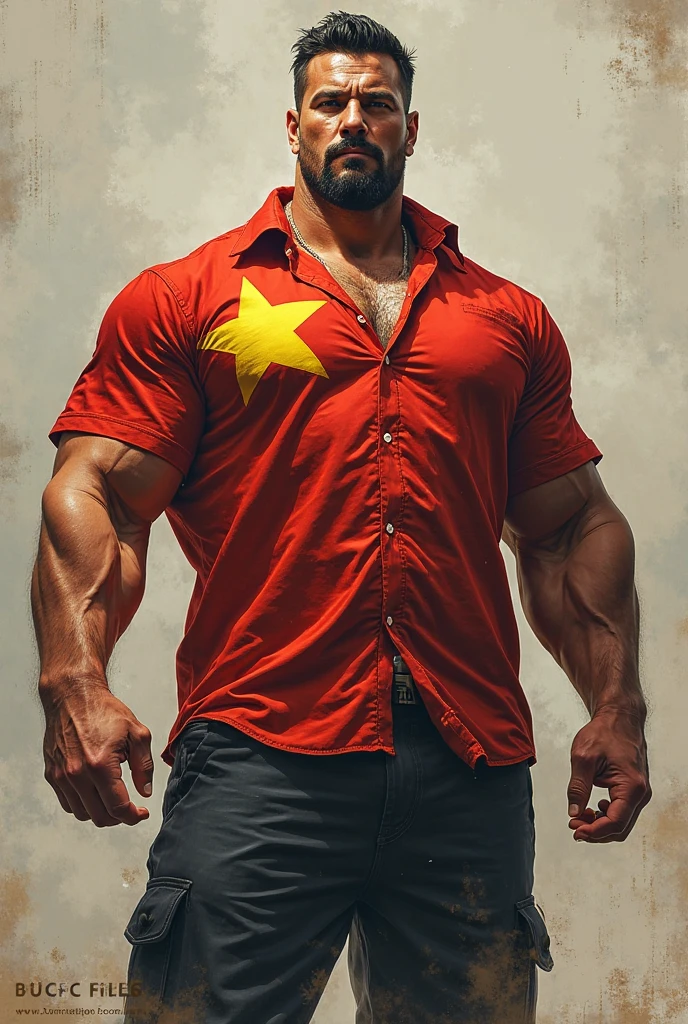 1 Chinese man 2 He holds a flag 8 meters long and it is the flag of China 3 he has a black background 4 he has six-pack abs 5 he has tattoos of Chinese dragons 6 he has velvet pants with Chinese dragons 7 The pants have colors that represent China 8 The man has a slicked back hairstyle