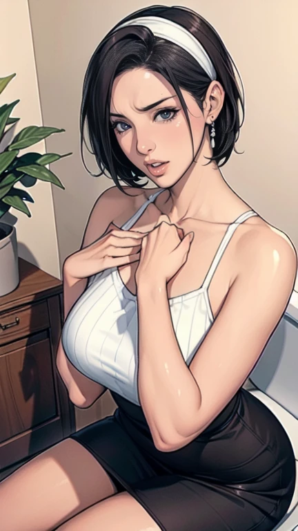 (1 girl, 18-year-old, ) ,（（（Rear view）））, （（（buckshot））） 、Standing facing south、The camera is shooting from the north ,    japanese girl ,  (smile:0.7),   (((No panties)))、Upper body, please reconsider、 ((put your hands on the desk and stick out your butt))、realistic butt crack, にやにやのsmile, very short hair , (high color saturation:1.0),  (highly detailed skin), (highest quality:1.0), (ultra high resolution:1.0) ,(realistic:1.0), (Super detailed:1.0), (8K, Raw photo:1.1), (((Real beautiful breasts, the lower half of the chest is visible)))、 ((Super short, showing your underboobs、white tank top))、No panties、stockings、beautiful butt、beautiful back、buckshot、Pose that sticks out your butt、Place your hands on the desk、Hands open