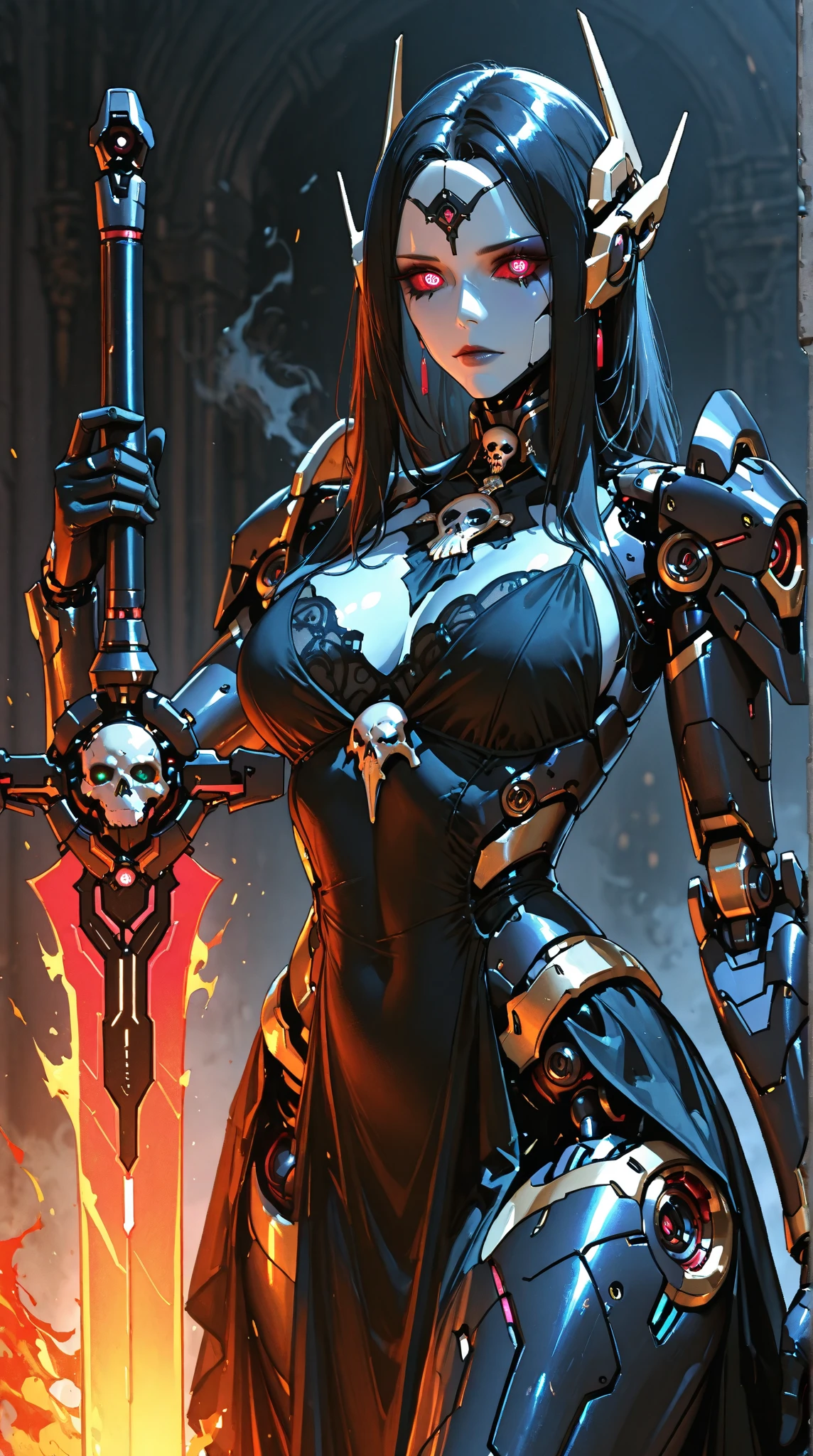 homunculus, 1 girl, similar to a candle, burning eyes, mechanical arms, Prostheses, wax leather, wax body, metal through skin, openwork construction ((fantasy))