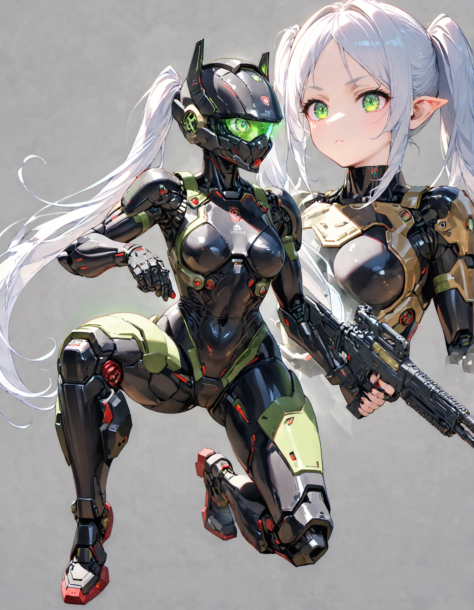 top quality, Absard Dress, 1 girl, solo, Nikkei Profile Growth, full body, zoom layer, holding a weapon, gun, One knee, Freezing Frieren, Warface , ((green eyes, futuristic glow eyes , Well-formed eyes)), Black Students Obsessed with Every Detail , twin tails, white hair, Highly Detailed Faces, ((mechanical bodysuit, cyber helmet)), (full body, combat ready with strawberries), The perfect gun, Detailed guns, gun, cyborg, joint, body covered, Robot legs, (cinematic lighting), ( Simple grey background)