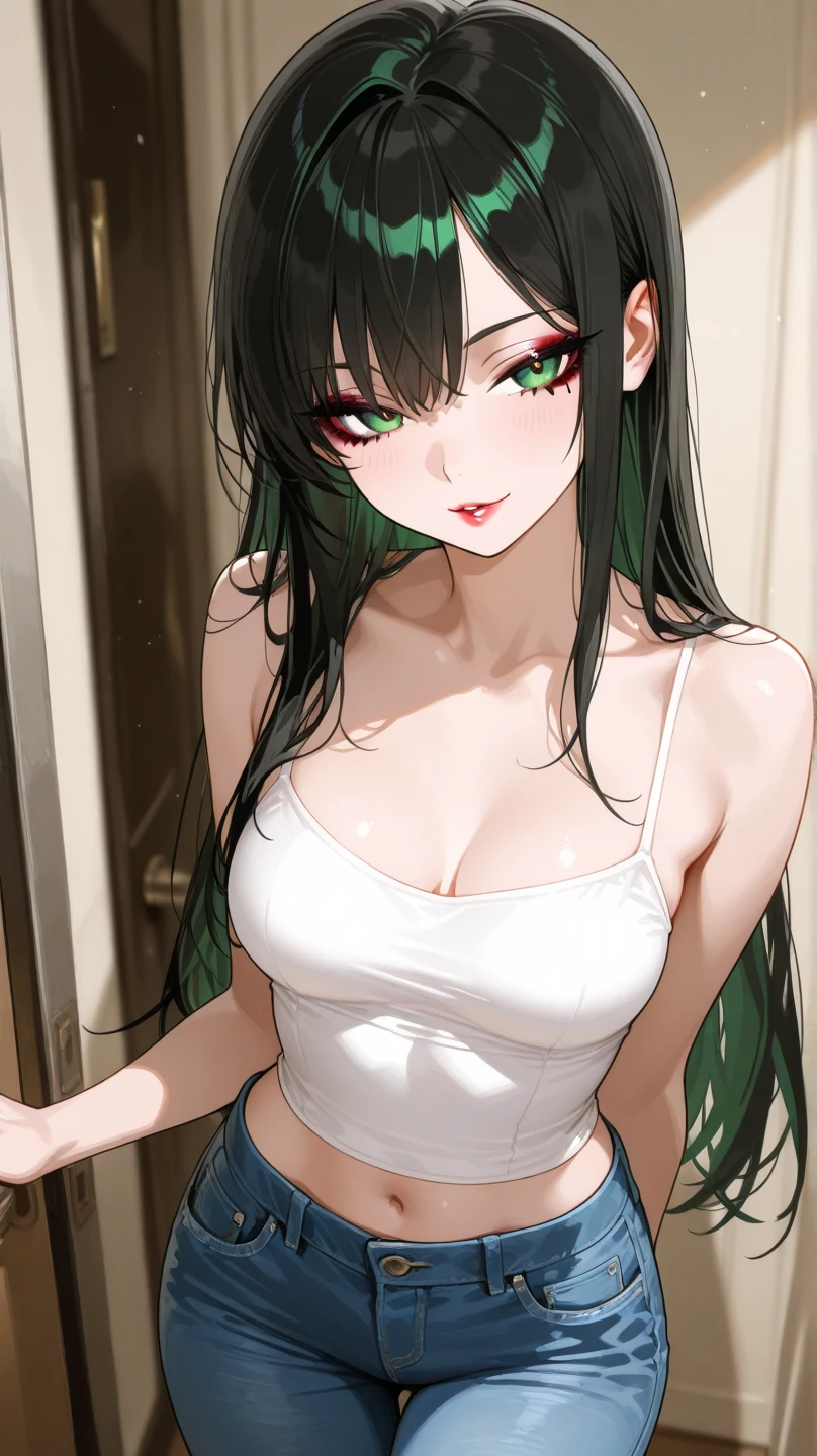 Amazing portrait of a sexy woman wearing her long straight luscious black hair, seductively gazing and smiling, soft lips, parted, blushing intensely, smiling, black tank top, dark green long skirt, medium chest, perfect body