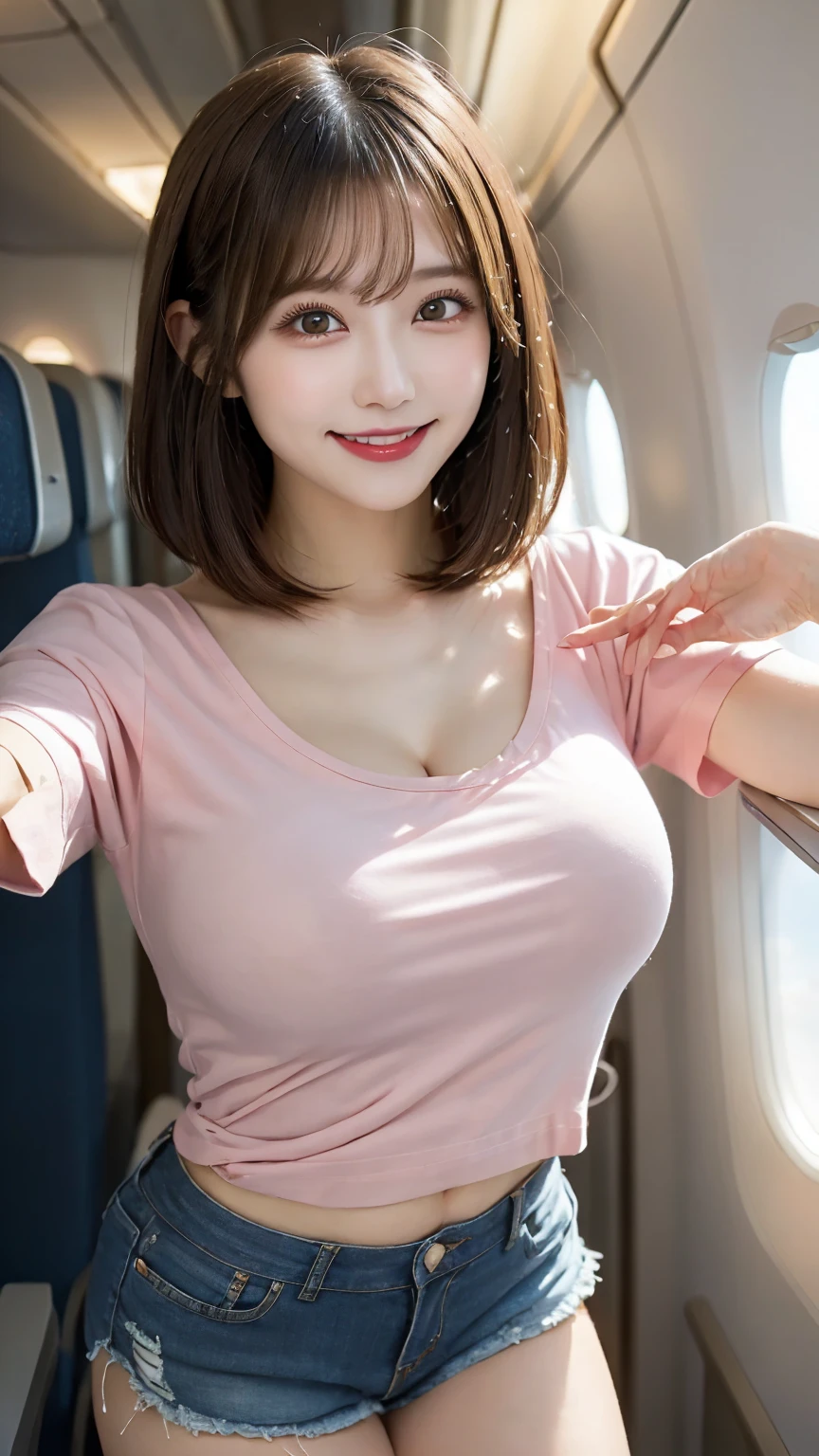 Photoreal、Masseter muscle part、highest quality、High resolution、Raw photo、realistic、bright lighting、face light、smooth professional lighting、japanese woman、Beautiful woman、modeled、gravure、sexy、super beautiful、realistic and beautiful skin、beautiful and detailed eyes、detailed face、slim、big breasts、cleavage、short hair、brunette colored hair、brown eyes、looking at camera、white camisole、Pose for a photo、mini skirt、Inside the plane