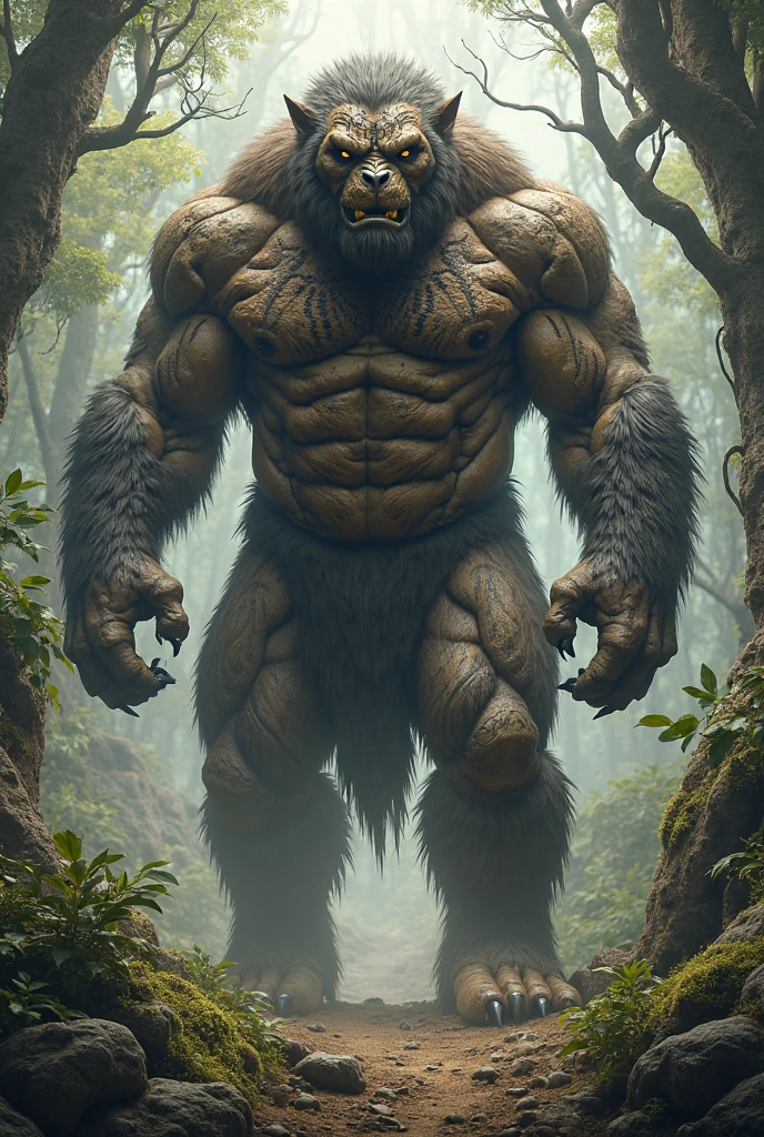 create what harmony might look like base on his 7'11 height and 500lbs weight, 10/10 facial with 100% harmony and 10/10 perfect proportion by bodybuilding golden standards but with a robustness of a neanderthal, make it 100% look aesthetically pleasing just like human aesthetics