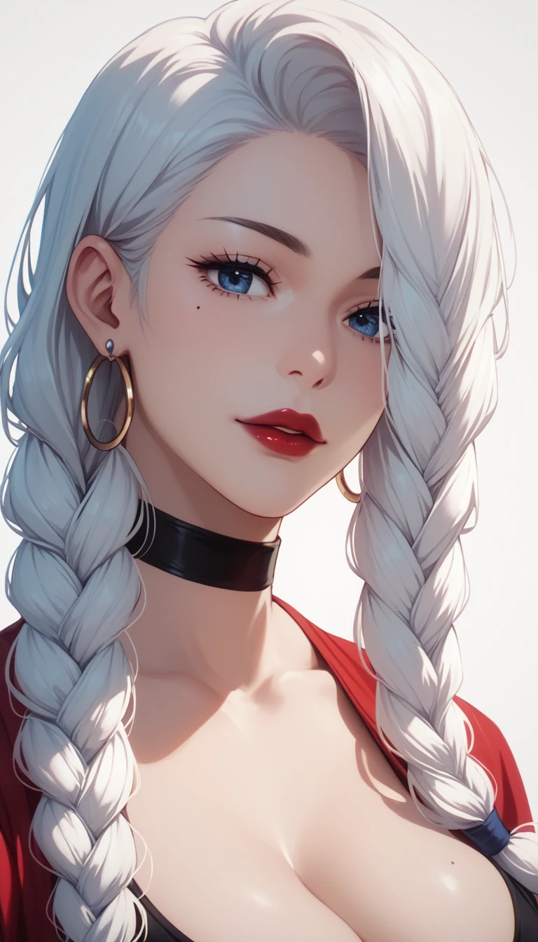 score_9, score_8_up, score_7_up, score_6_up, score_5_up, score_4_up, mei mei , blue eyes, white hair braid, large breasts, necklace,big oversized hoops earrings ,red lipstick , detailed eyes , big saggy breasts , red dress, cleavage
