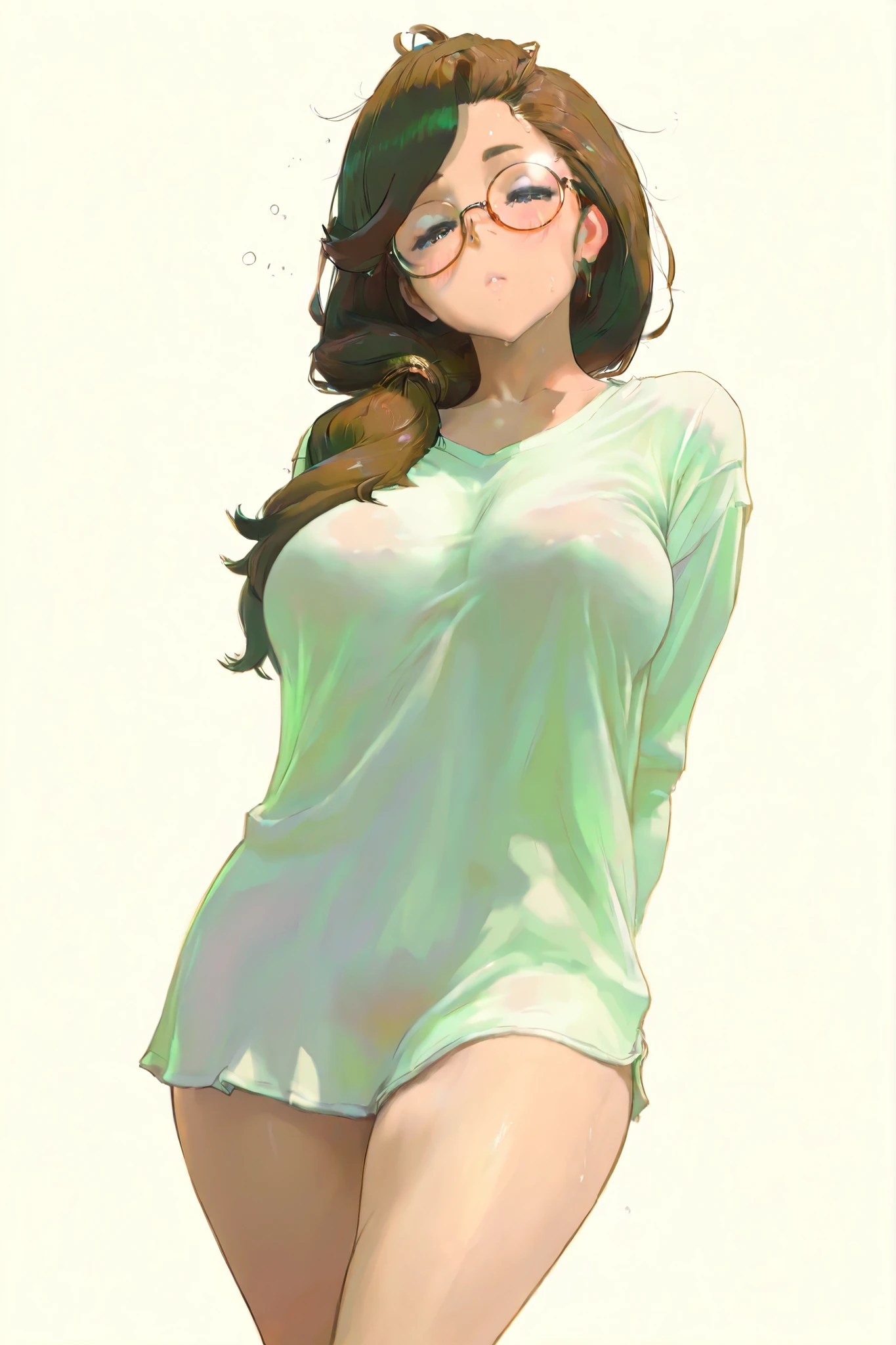 HDR, 8K, high contrast, masterpiece, best quality, amazing quality, very aesthetic, (by cutesexyrobutts: 0.7)
BREAK
bounce light, hyperdetailed, detailed hair strands, detailed fibers, aesthetic, 8k wallpaper, detailed, masterpiece, best quality, amazing quality, very aesthetic, absurdres, 8K,masterpiece, great colors, color theory, great lighting, great composition, flawless. 1girl, solo, breasts, looking at viewer, blush, simple background, 1girl, solo , breasts , large breasts , skindentation , thighs , sweat, shirt with "Milf" on it, ponytail hair, brown hair, eyebags, glasses, round glasses, low angle shot, tired face,