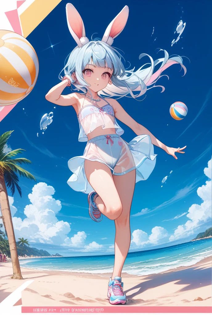 [(White background:1.15), ::2]alone, medium shot, whole body，small stature，high saturation，pink short hair，White ribbon on the head， Pink theme swimsuit，bikini，yellow eyes，blush，Smile，Sunlight，beach，coconut tree，A flower that turns pink at the end of the sea water，wet，reflection，back view，Pink day，sunset，pink sea water，dynamic