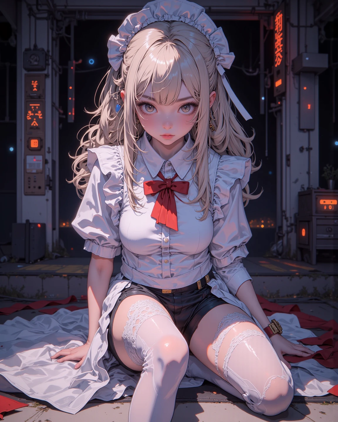 solo、1girl、full-body portraits、sleeveless、sitting down、White-colored skin，Large Breasts
