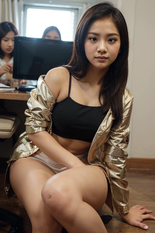 Young Thai woman, fit physique, fitness physique, wearing sexy black lingerie sitting on the couch with legs open, corps sexy, (8K), (best quality), (chef-d&#39;artwork:1.3), (Realistic), (photorealistic:1.34), Ultra-detailed, [Beautiful detailed eyes], (sourire), (sourire), (beautiful nose detailed), [very long blonde hair], (haut court), lingerie noire, (superbes seins taille normale), (Gros plan), Profondeur de champ, full body view, sitting on sofa, legs spread, montrant l&#39;entrejambe, pieds en l'air