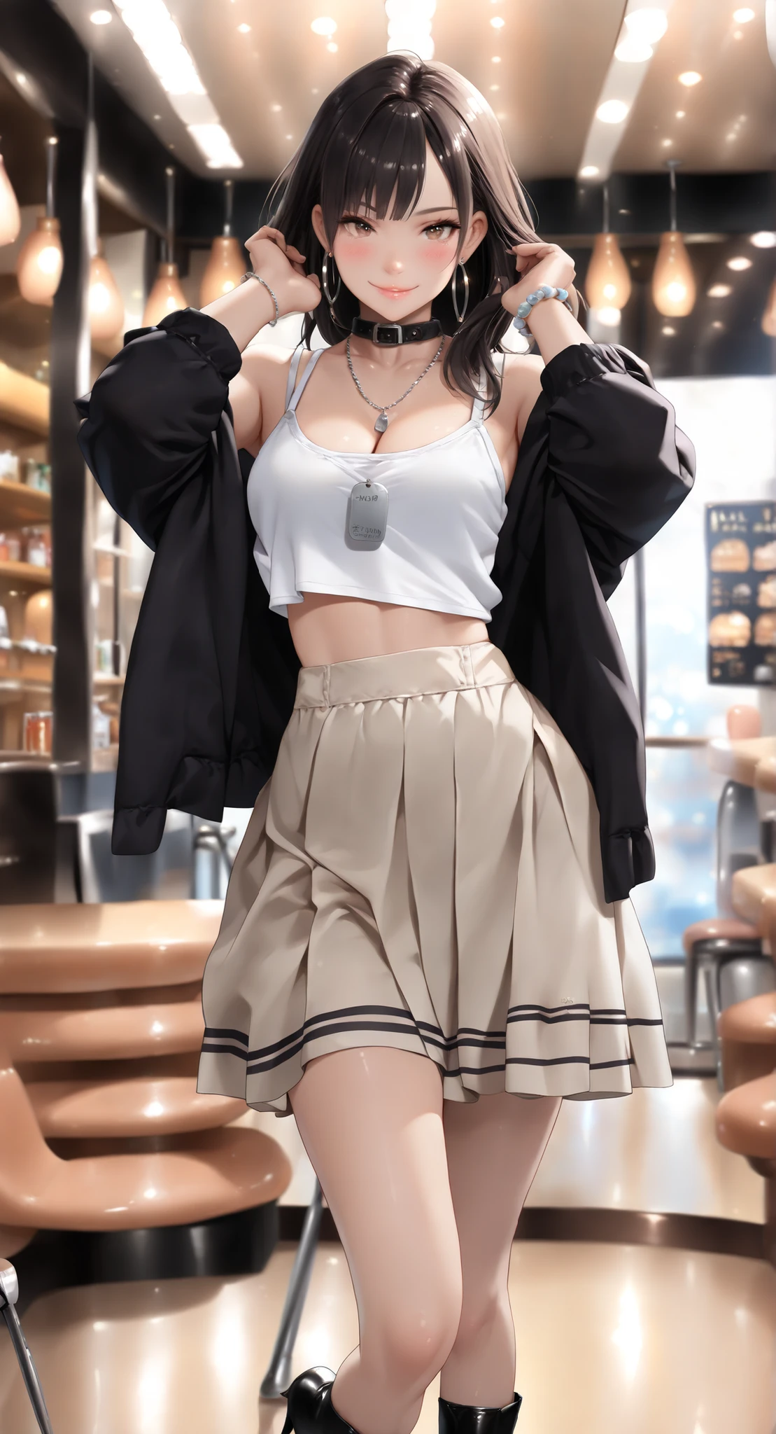 (Masterpiece, best quality, vibrant, high contrast, hyperrealistic, top quality, high sharpness, realistic, ultra realism, sharp, detailed clothes, highly detailed character, High Resolution, 16k, very detailed, Volumetric lighting, depth of field, cinematic, vibrant, dynamic lighting, dramatic light. Atmospheric effects. :1.3), 1girl, solo, (19, nineteen years old, young adult), Perverted, Nymphomaniac, Japanese, soft oval-shaped face, brown slanted eyes, small heart-shaped lips, long silky-flat black hair with layered waves, sun-kissed skin tone, (157 cm tall, 5'2"), curvy and feminine figure, large-medium soft breasts, slim waist with gentle inward curve, slightly defined and petite midriff, slightly wide hips, thick and supple thighs, fit but round butt, (wearing a long flowing beige tulle skirt that hangs low on her hips, loose pastel-pink thin-strapped cropped tank top, feigned innocence, black heels), tiny silver hoop earrings, thick black collar, silver rings on fingers, silver and bead bracelets, military dog tag on silver chain necklace, thick black eyeliner, blush, lip gloss, gives off a I want to fuck vibe, cozy coffee shop background, Akihabara backdrop, standing and waiting at cafe, seductive but cute pose, expressive eyes, seductive smile. model-level beauty, beautiful, full lips, cute nose, close-up shot, cute with slight naughty edge, Scene: She is waiting for her boyfriend to arrive, cleavage, yujimin, Karina, Aespa, bellybutton, kpop idol, idol beauty,