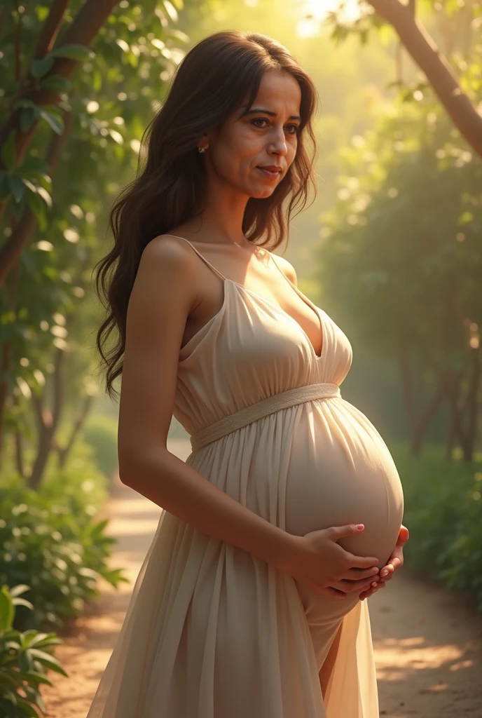 gestante, 9 meses, ferns, green flowing dress