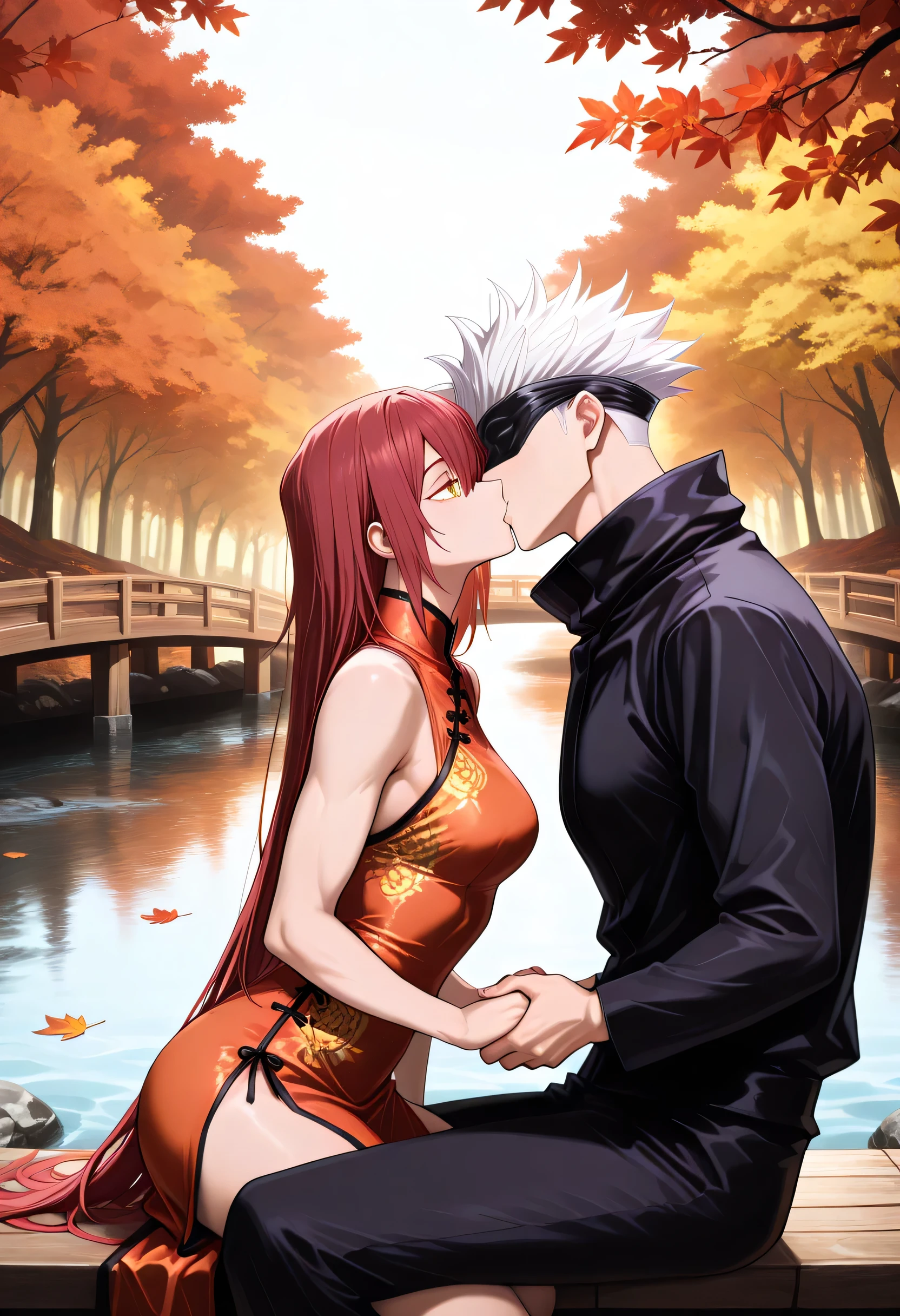 (masterpiece), (highest quality), (very detailed), (the best shape), (best shadows), (absurd), (so beautiful), beautiful eyes in every detail, unusual, 8k, 32K, high resolution, very detailed e CG, score_9, score_8_high, score_7_high, Those_anime_series, cinematic, BREAK 1 man, satoru gojou, jujutsu kaisen, black blindfold, white hair, short hair, cool, trained body, muscular, chinese kimono, BREAK couple, duo focus, hetero, look at each other, face to face, kissing, deep kissing , size diefference, height difference, Japanese autumn landscape, mountains covered in vibrant autumn foliage, with shades of red, orange, and yellow blending harmoniously, stream flows through the scenery, with fallen leaves floating on the water, warm sunlight gently illuminates the landscape, dynamic pose, cute pose, wooden bridge over the river, sitting on the wooden bridge next to each other, holding hands, looking at each other in love, deap of field, dynamic angel, wide angel shot BREAK 1girl, golden eyes, red hair, very long hair, long side parting, hair between the eyes, cool, sexy, beautiful, petite, red Chinese cocktail dress with golden dragon pattern