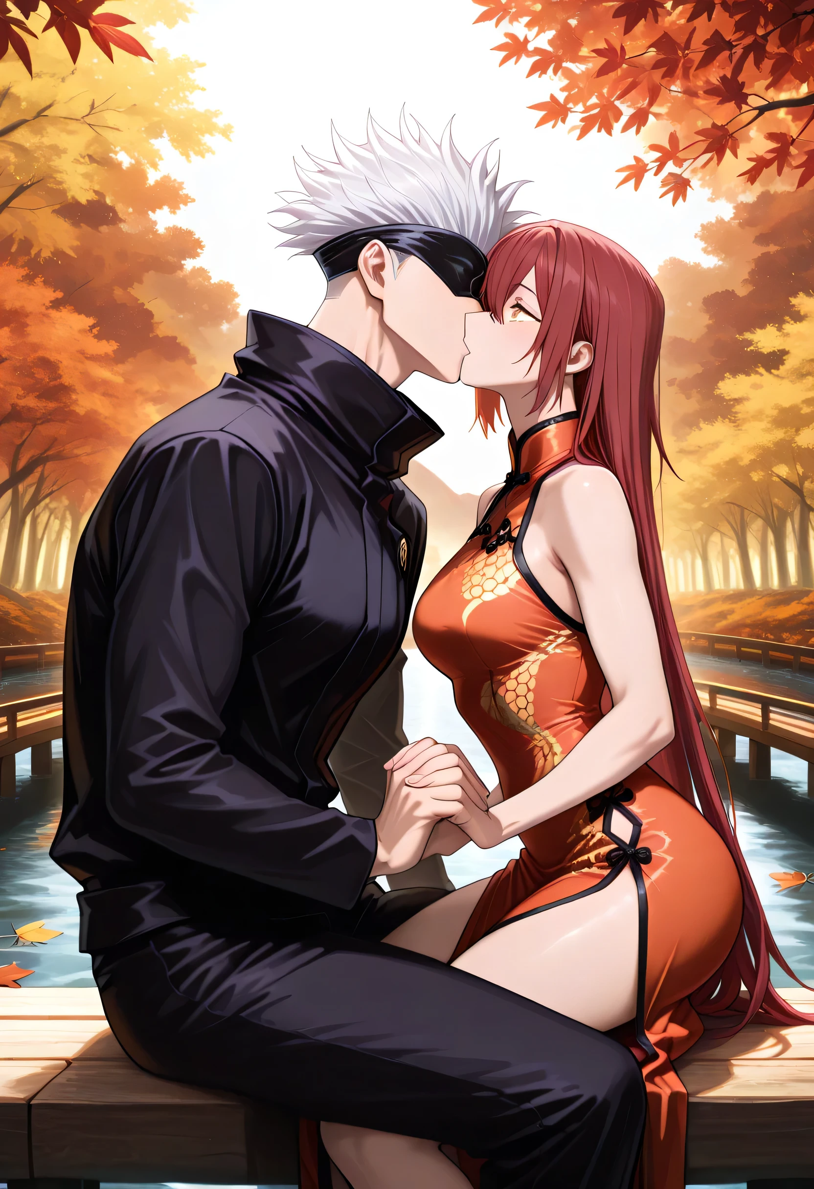 (masterpiece), (highest quality), (very detailed), (the best shape), (best shadows), (absurd), (so beautiful), beautiful eyes in every detail, unusual, 8k, 32K, high resolution, very detailed e CG, score_9, score_8_high, score_7_high, Those_anime_series, cinematic, BREAK 1 man, satoru gojou, jujutsu kaisen, black blindfold, white hair, short hair, cool, trained body, muscular, chinese kimono, BREAK couple, duo focus, hetero, look at each other, face to face, kissing, deep kissing , size diefference, height difference, Japanese autumn landscape, mountains covered in vibrant autumn foliage, with shades of red, orange, and yellow blending harmoniously, stream flows through the scenery, with fallen leaves floating on the water, warm sunlight gently illuminates the landscape, dynamic pose, cute pose, wooden bridge over the river, sitting on the wooden bridge next to each other, holding hands, looking at each other in love, deap of field, dynamic angel, wide angel shot BREAK 1girl, golden eyes, red hair, very long hair, long side parting, hair between the eyes, cool, sexy, beautiful, petite, red Chinese cocktail dress with golden dragon pattern