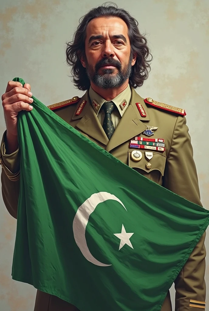 A man long beard in hand pakistani flags and man saluting