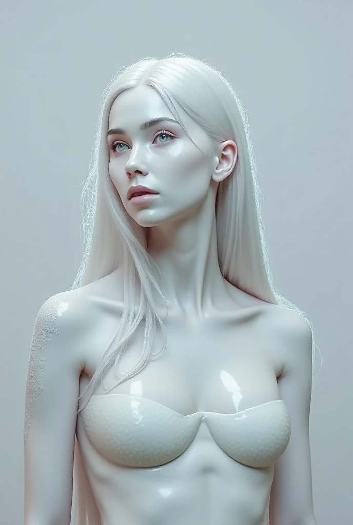 Sexy girl with long straight hair turned into a Pearl statue