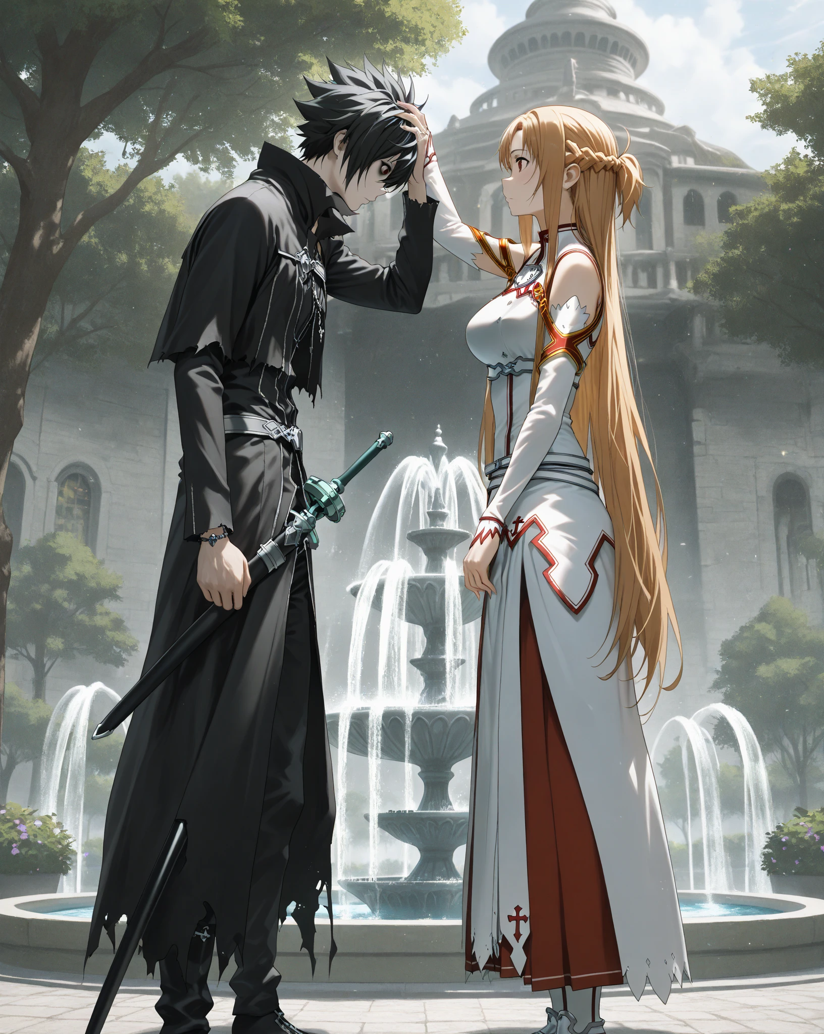 Masterpiece, best quality, amazing quality, absurdres, very aesthetic, (a split panel image:1.42), (top panel\(Ryuk from Death Note, sh1n1gam1, standing with hand on head, exterior, fantasy village, fountain, sword art online styled)\), (bottom panel\(Asuna from Sword Art Online, aaasuna, standing with hand on head, in the world of the dead, land of shinigami from Death Note)\)