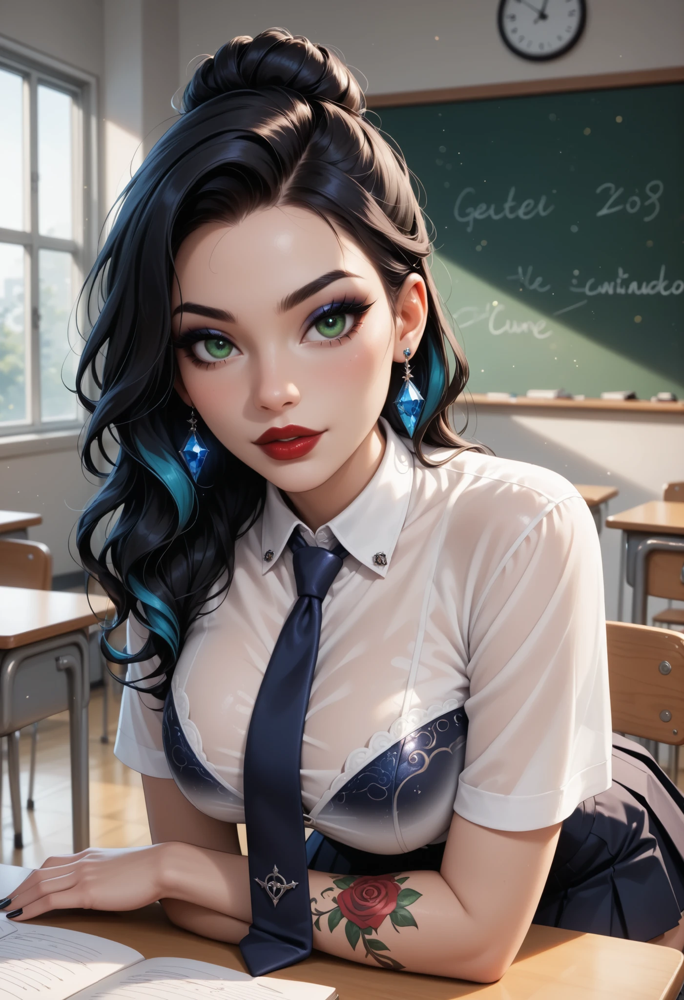 ultra detailed beautiful French with tattoos all over the body, in a classroom, sitting on the desk, BREAK wearing a see-through shirt, a pleated mini skirt, a tie BREAK , stunningly beautiful, stylish dark hair with blue streaks, with a bun, geisha style haircut, green eyes, (red lips and make-up giving her a gothic look ), dark eyeshadow visible on her eyelids and eyeliner on her eyes, very long eyelashes, perfect body covered with tattoos , (dark make-up:1.3), big breast, long legs , seductive pose, light particles, ultra detailed illustration, high definition, very bold and vivid colors, best quality, volumetric lighting,"best quality," masterpiece",ultra realistic, high-quality details