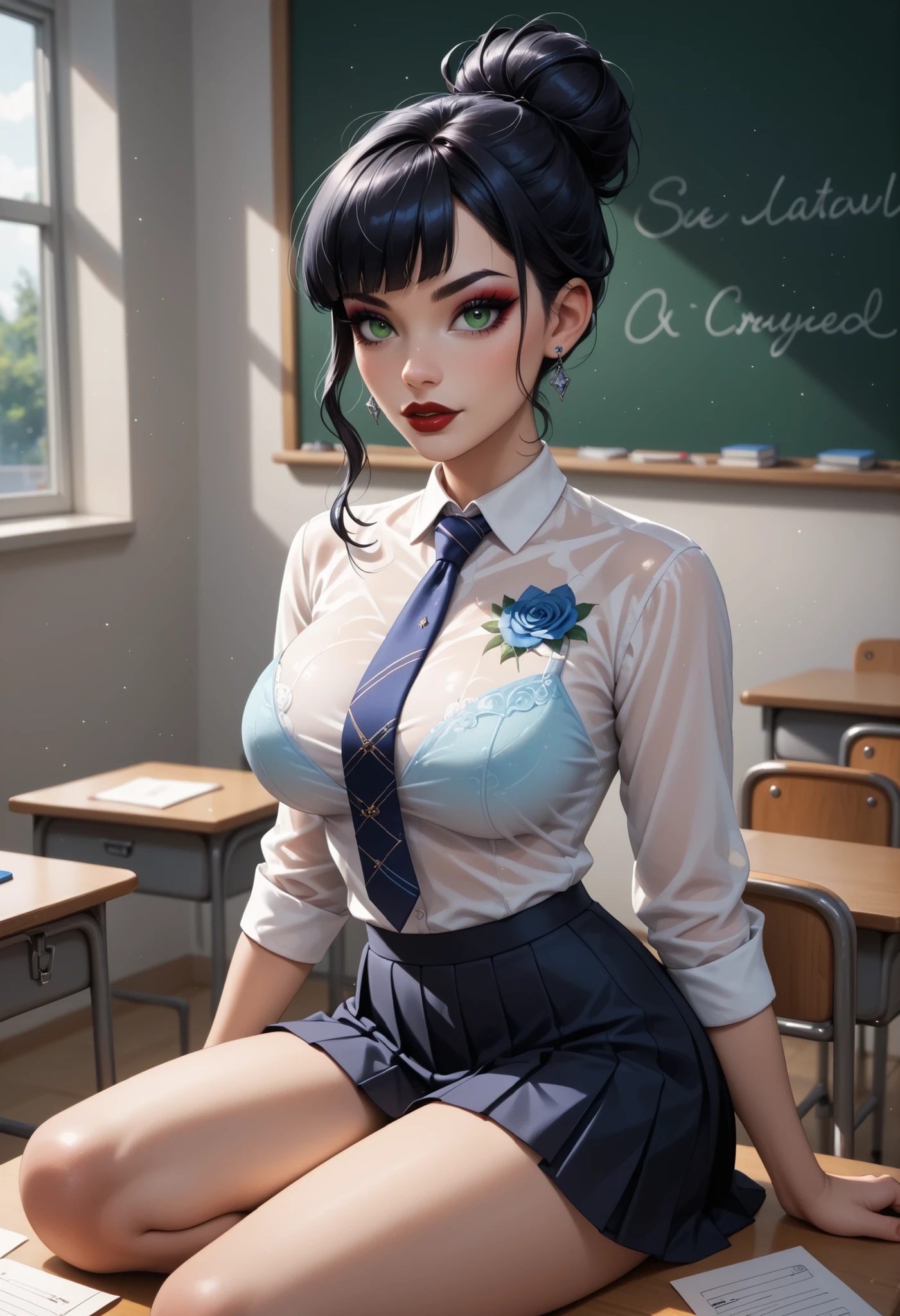 ((best quality)), ((highly detailed)), masterpiece, (detailed eyes, deep eyes), (1girl), dynamic angle, cowboy shot, mlprarity, smile, looking at viewer, purple hair, ((blue eyes)), ((pigtails)), naked, slight smile (indoor, classroom), uniform, pleated skirt, cardigan, white blouse, flashing breasts, ((exposed breasts, nipples)), graceful pose, removing dress, undressing
